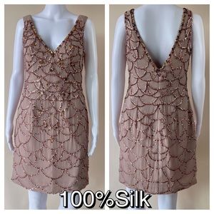 Basix Black Label Silk Cocktail Beaded Flapper Gatsby Champagne Dress 8